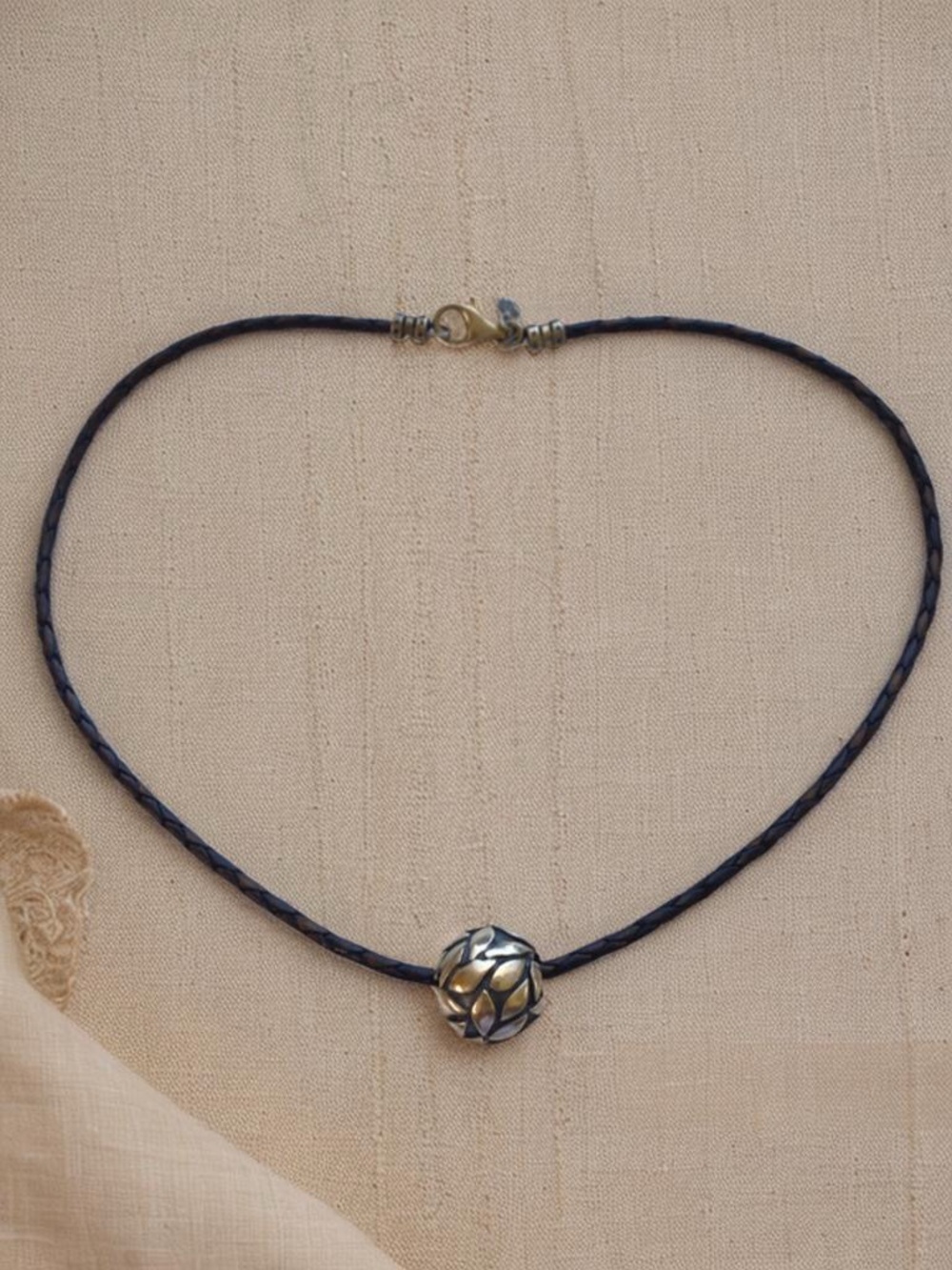 Sterling Silver Filigree Bead on Brown  Braided Cord Necklace - Picture 8 of 9